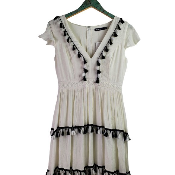 INA [i:na] Black and White Spanish Tassel Maxi Dress w/ Butterfly Cap Sleeve, S - Picture 3 of 12